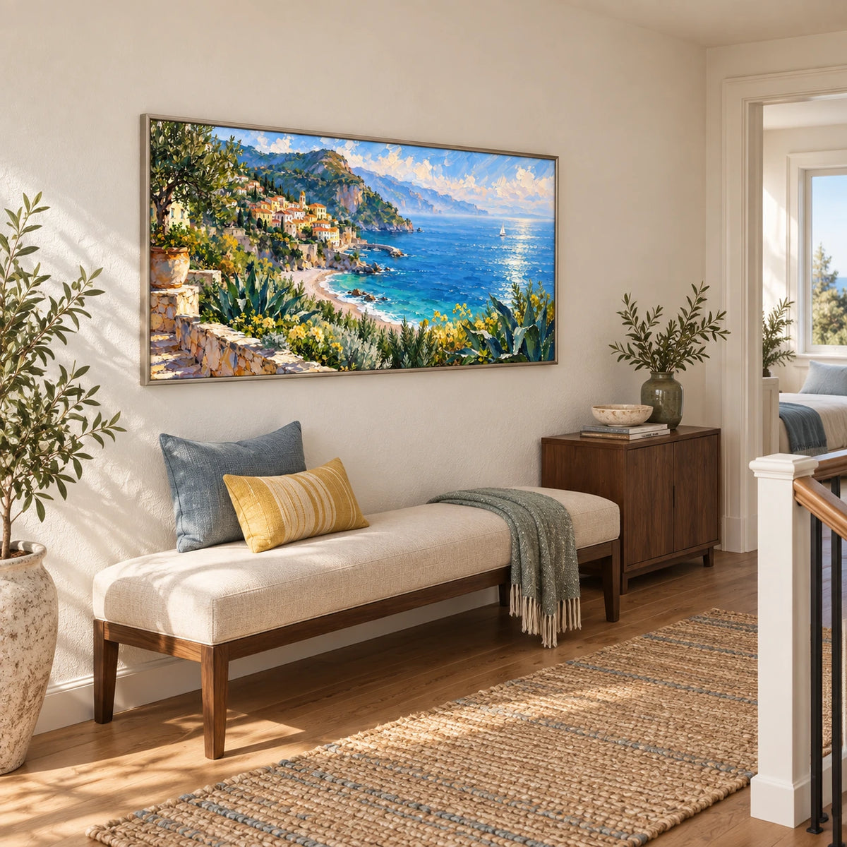 coastal village by the blue sea displayed in a upper-floor landing