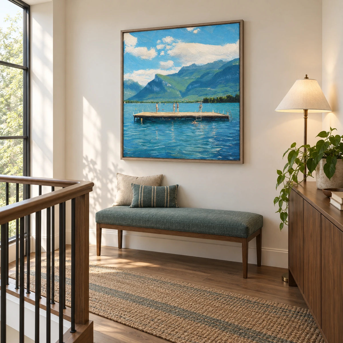 lake days beneath the alps displayed in a upstairs landing