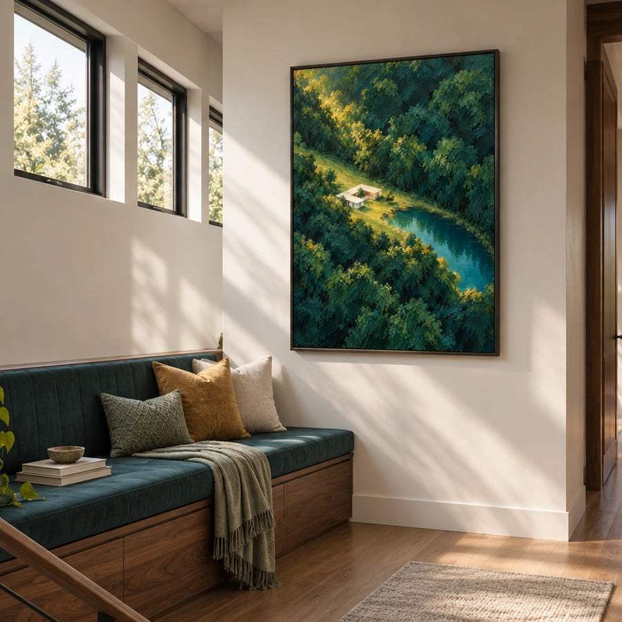 forest pond retreat displayed in a landing sitting area