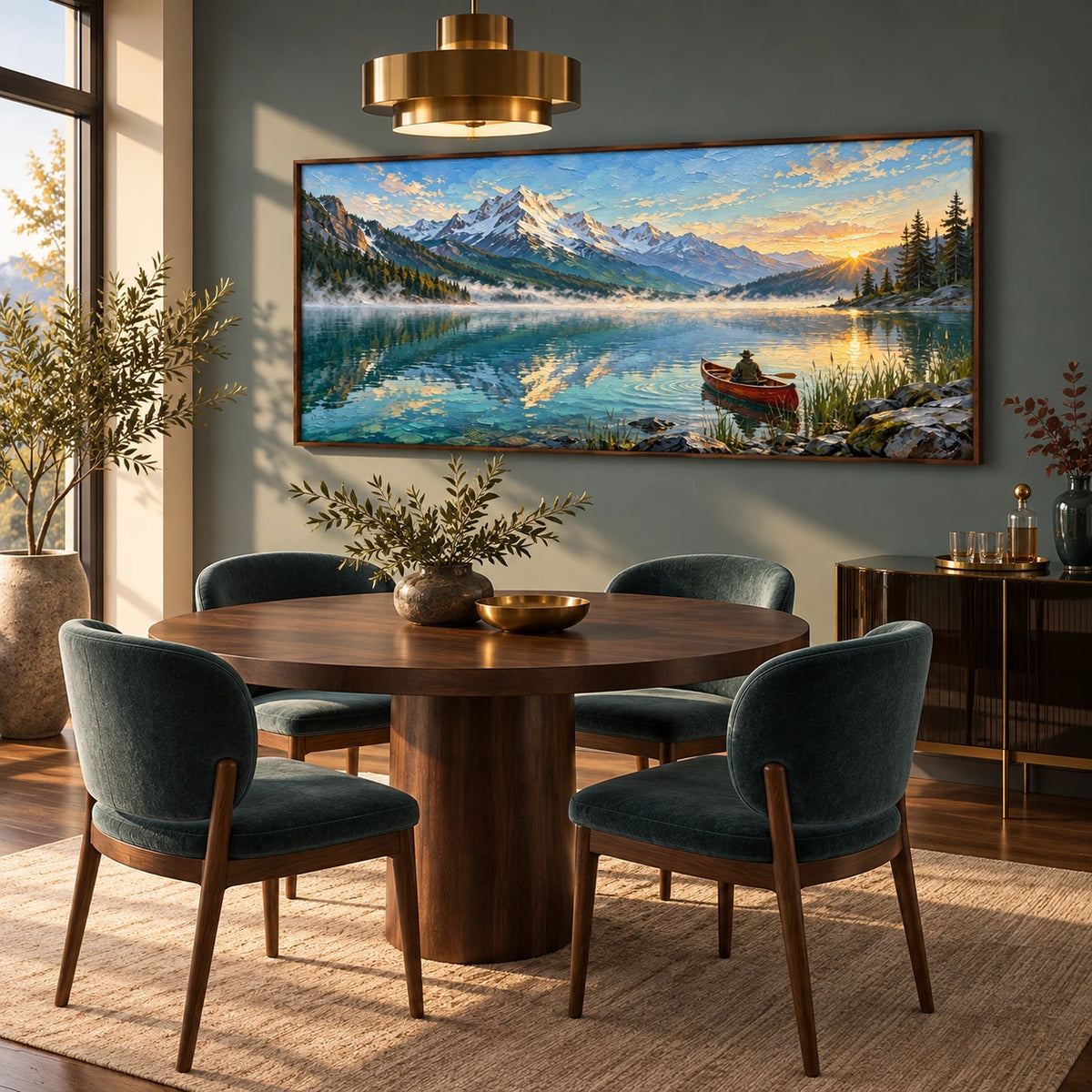 mountain lake at first light displayed in a dining room