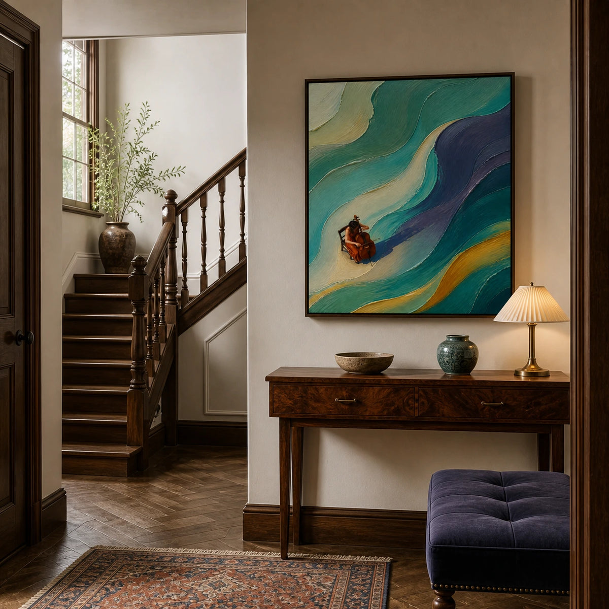 cellist in the current displayed in a stair landing