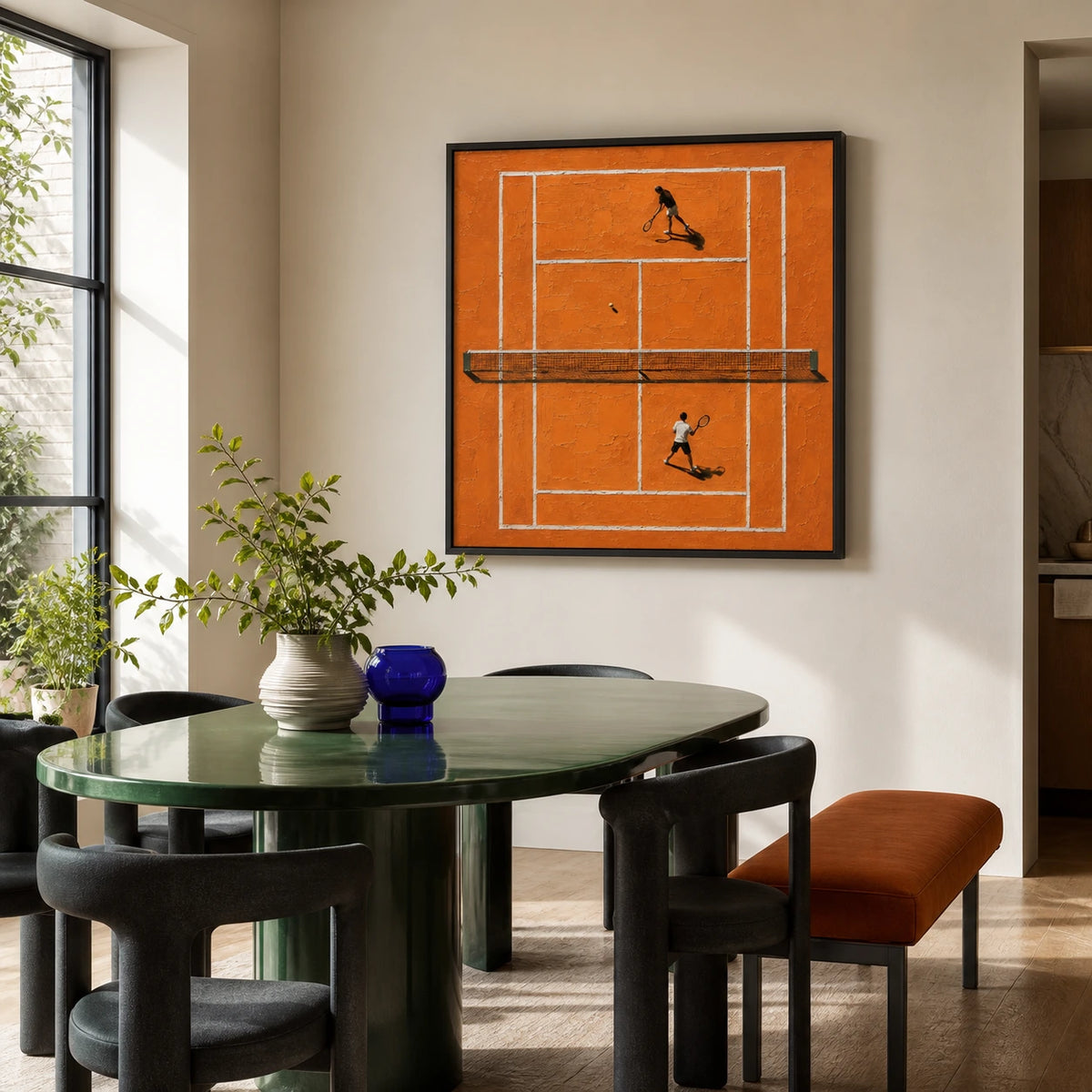 orange court rally displayed in a dining space