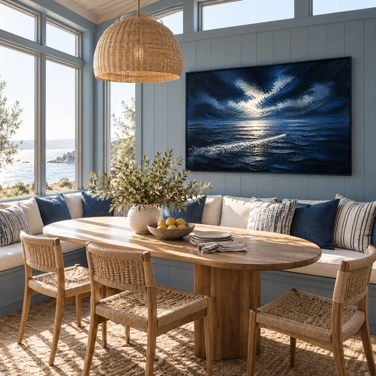 moonlit wake displayed in a breakfast sunroom