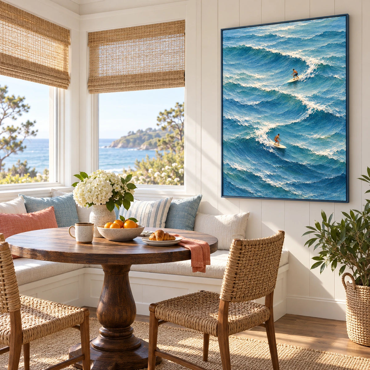 surfing through blue waves displayed in a breakfast nook