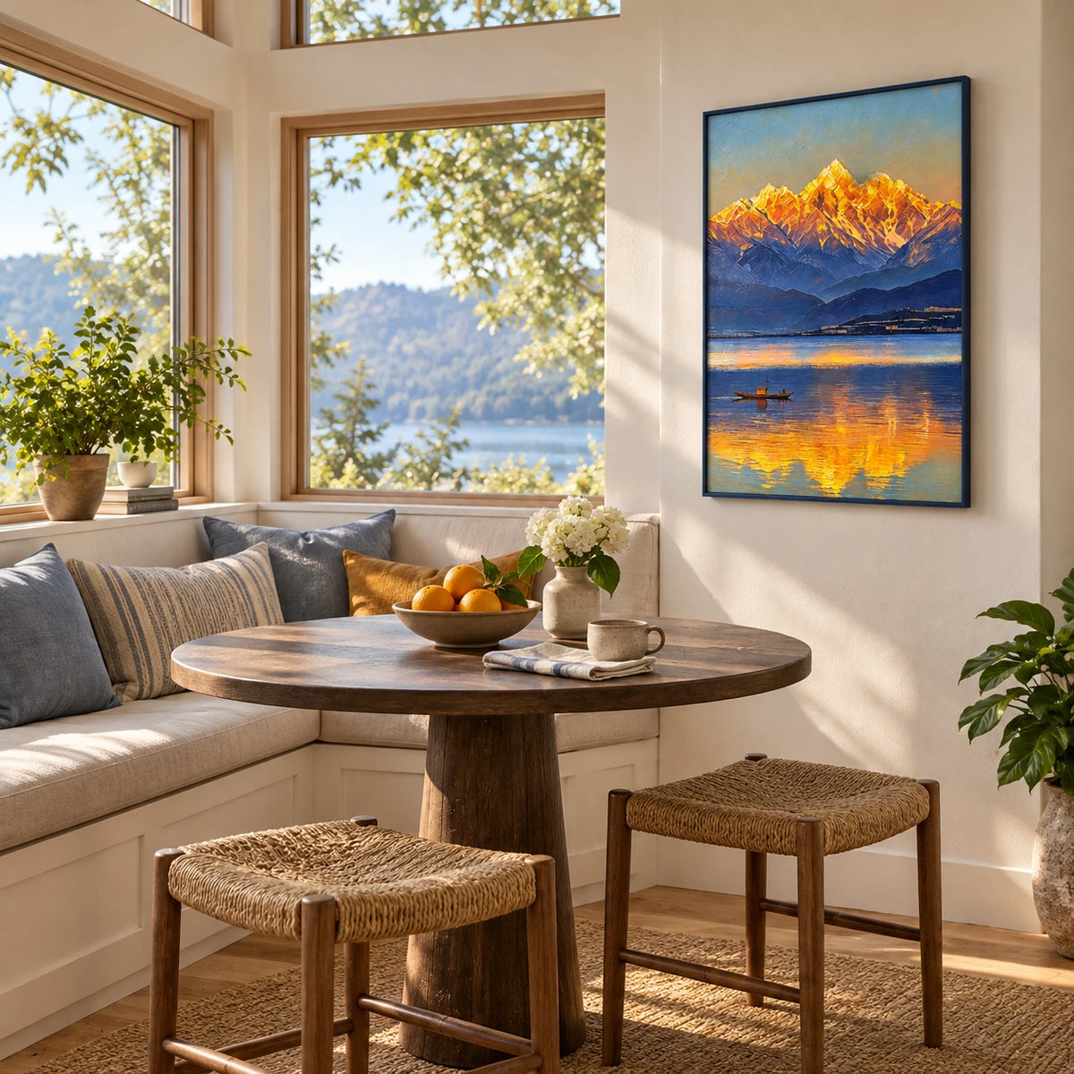 golden mountain reflection displayed in a breakfast sunroom