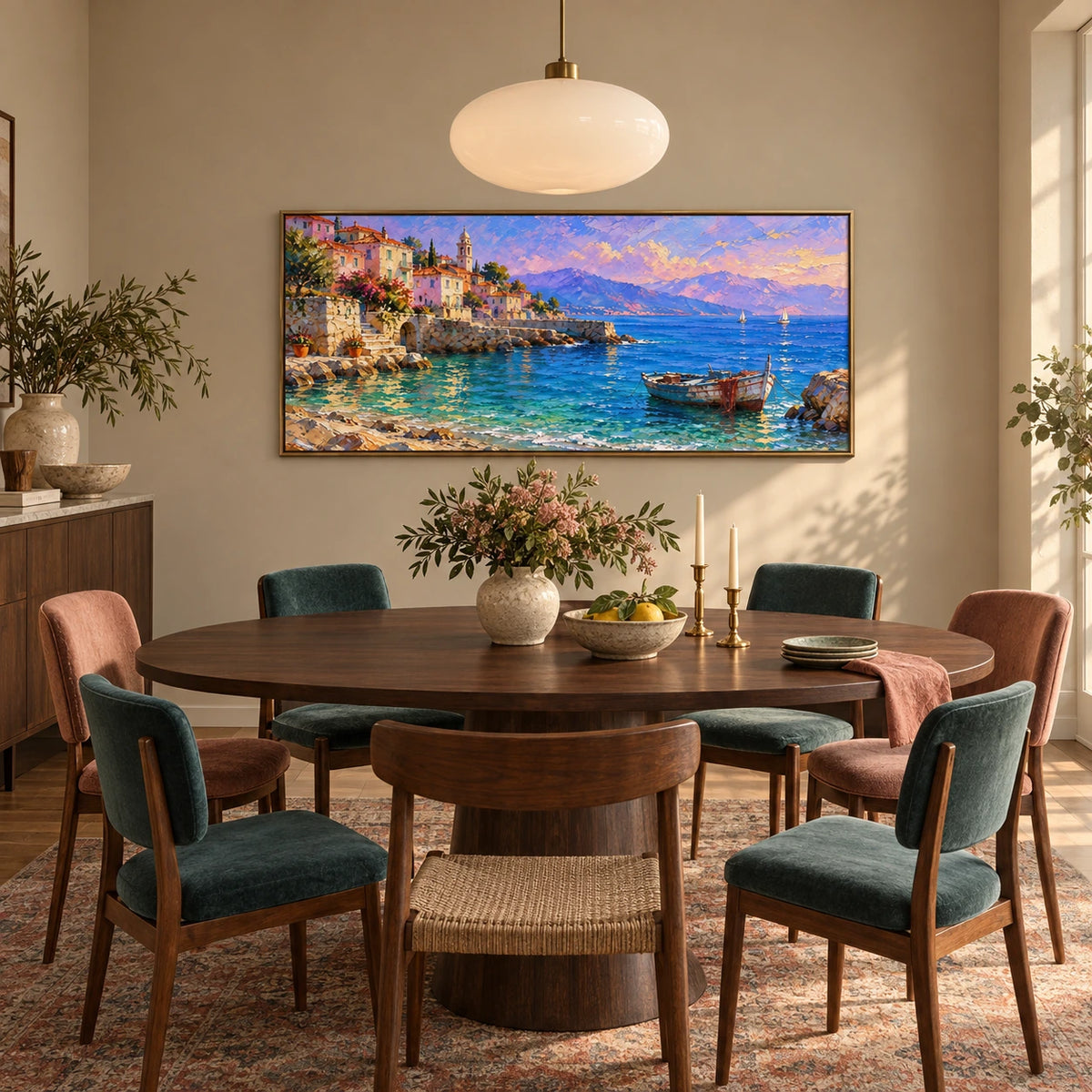 aegean village by the sea displayed in a dining space