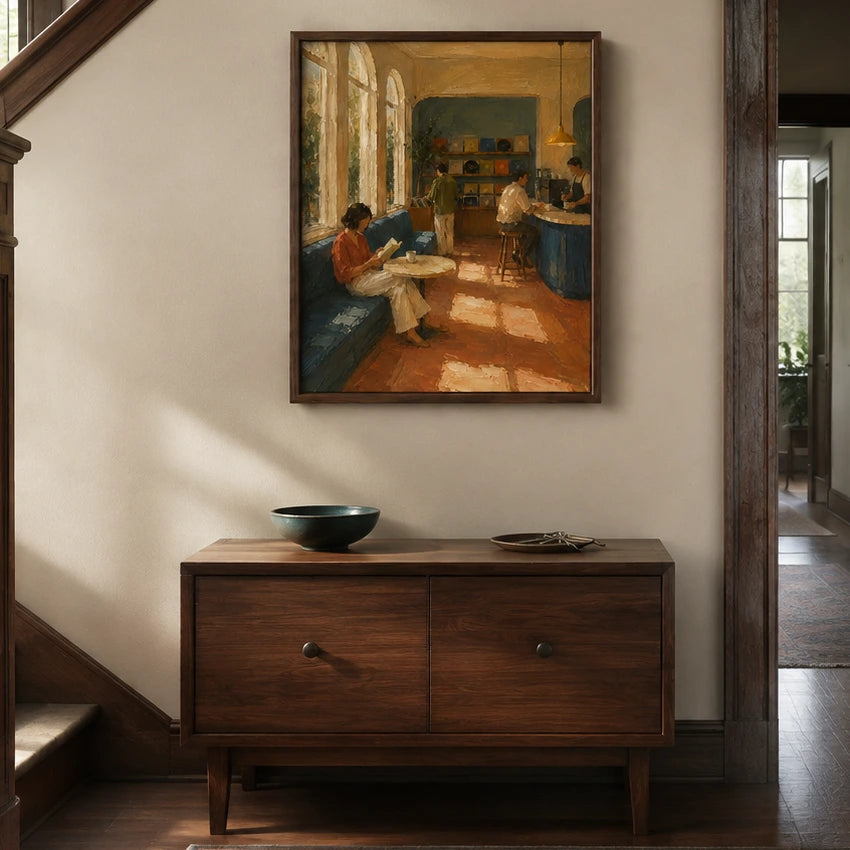 sunlit record café displayed in a stair landing entry hall