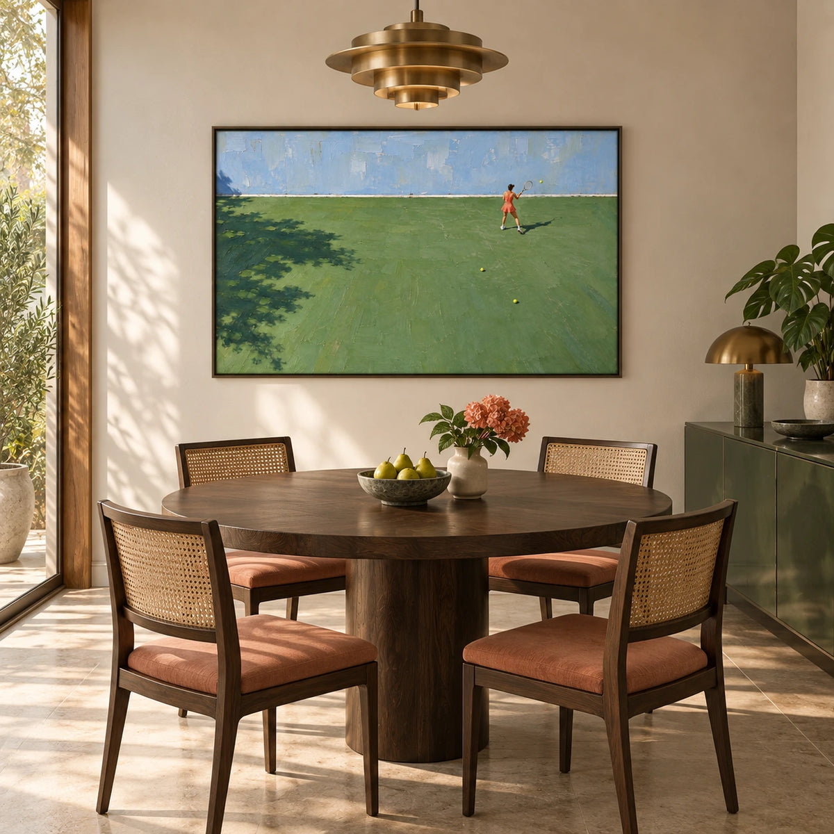 open court, bright day displayed in a dining room