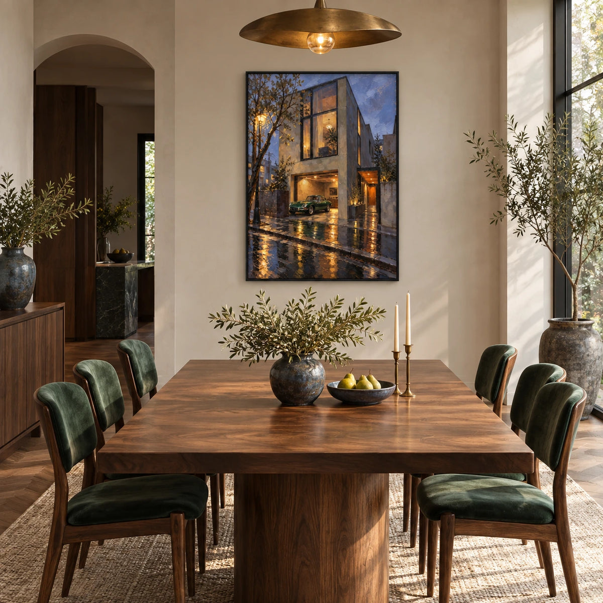 rainlit modern house displayed in a dining space