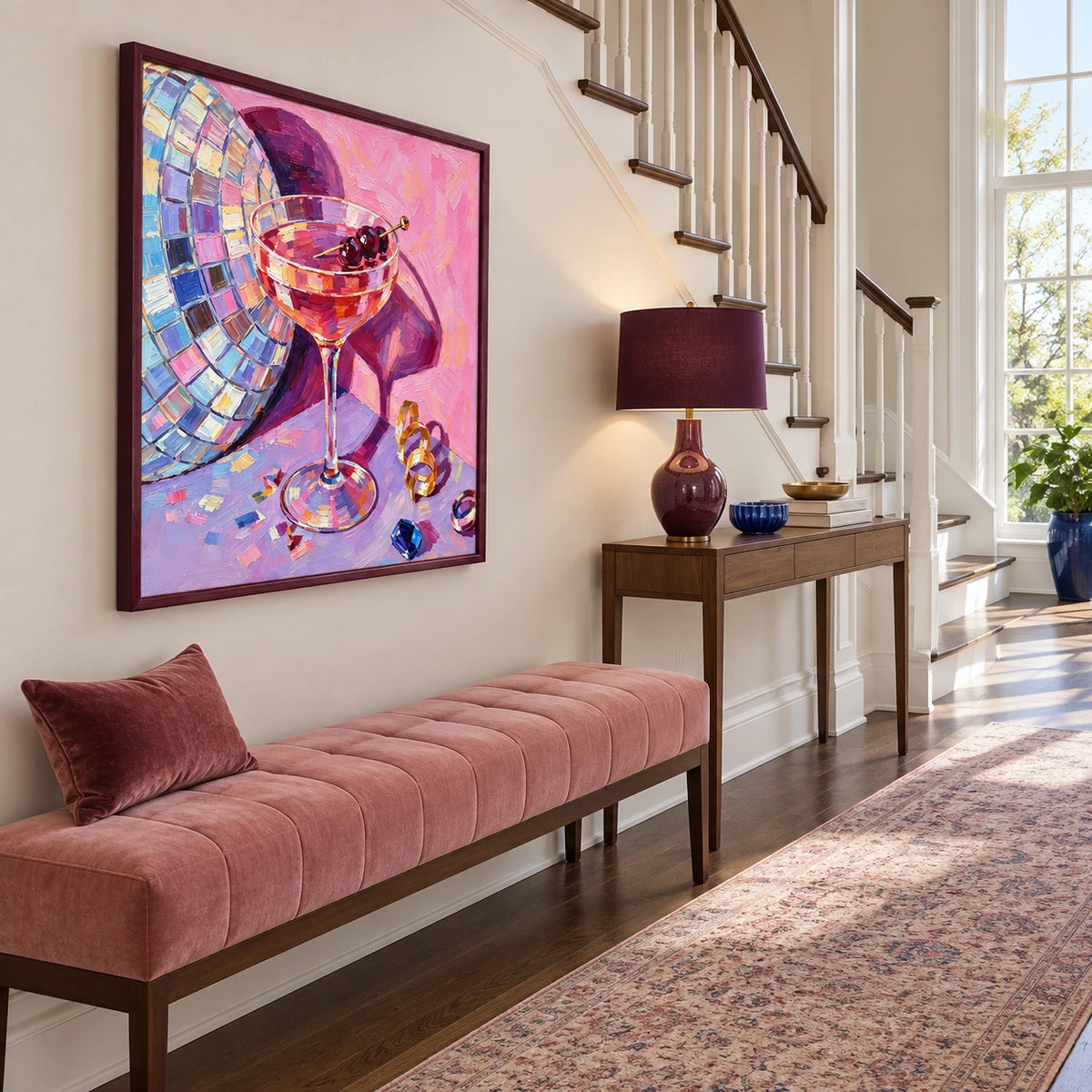 pink cocktail house displayed in a stair landing entry hall