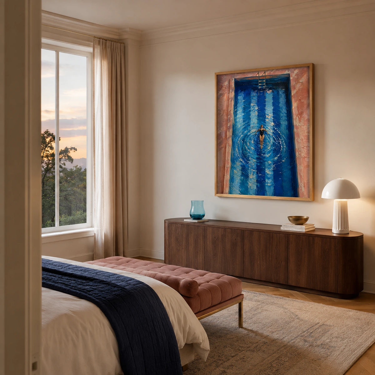 poolside drift displayed in a bedroom sitting area