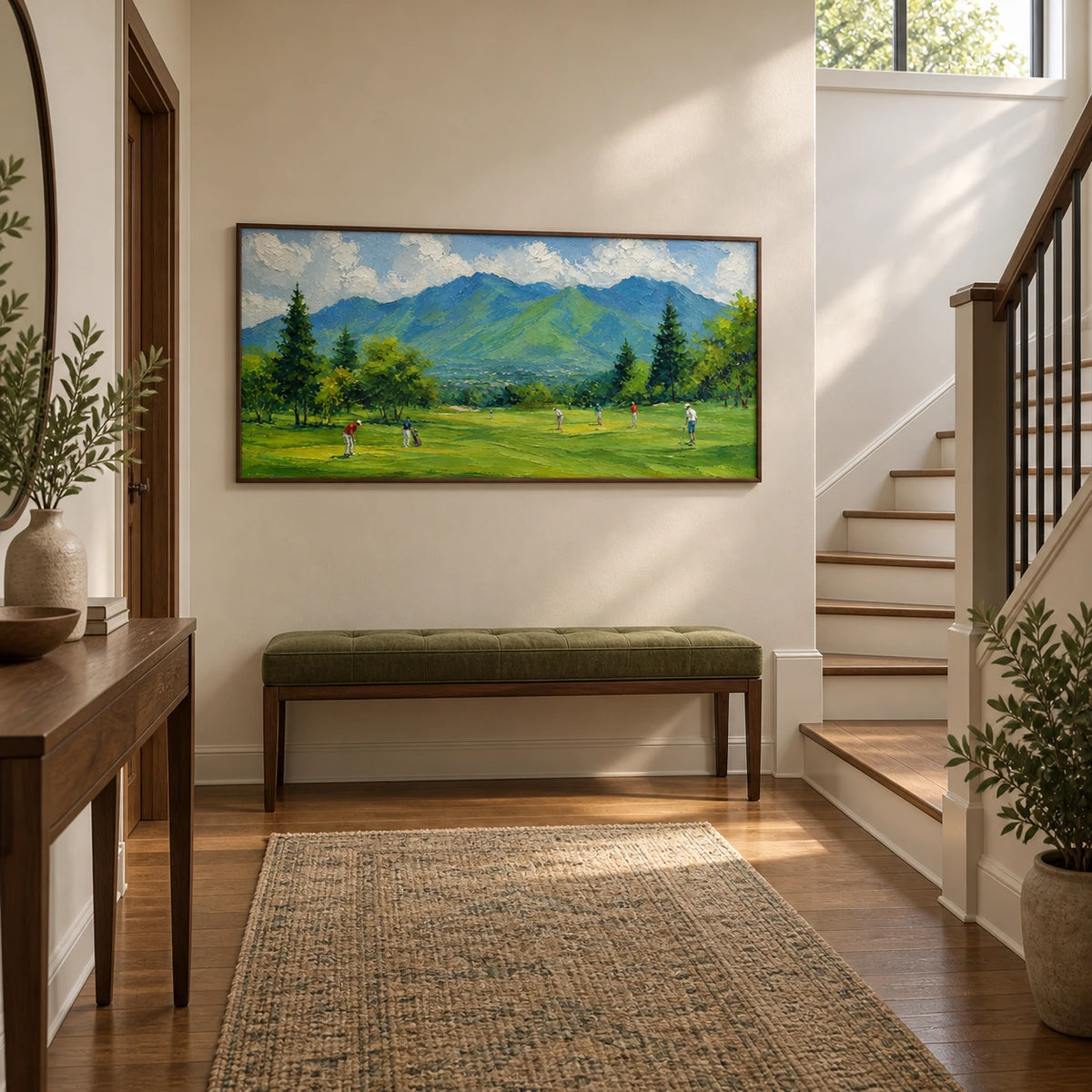 mountain fairway displayed in a stair landing entry hall