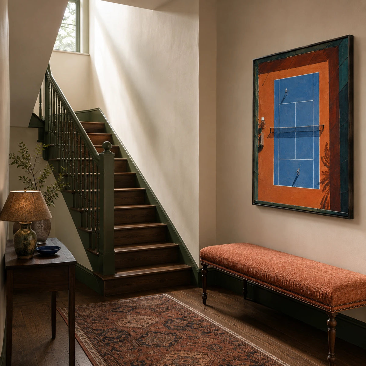 tennis in sunlight displayed in a entry hall