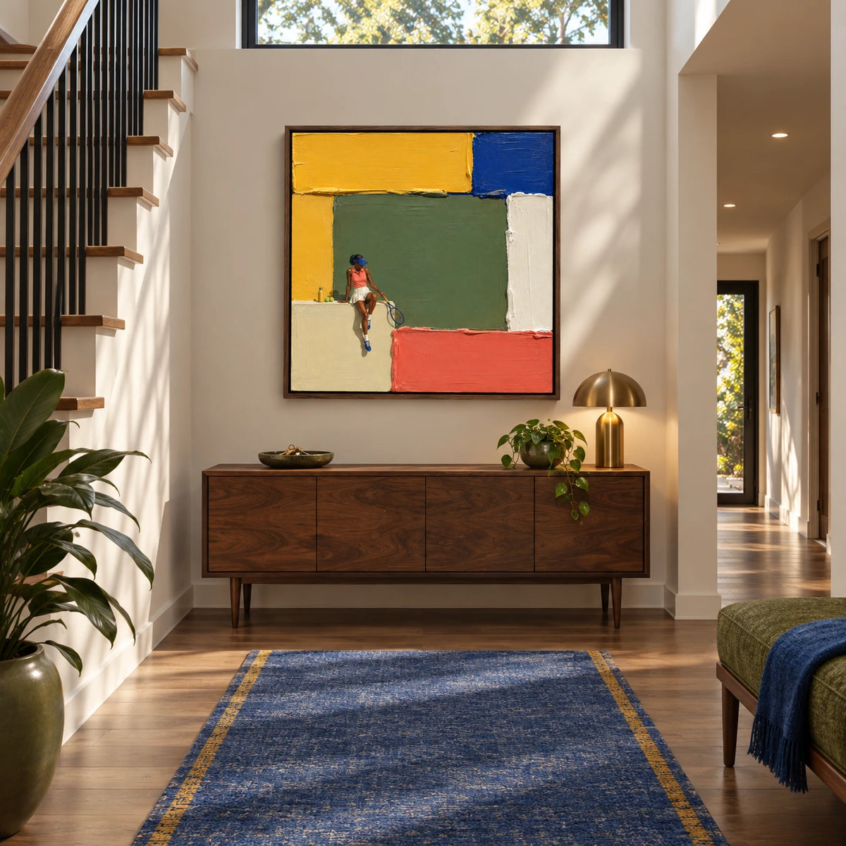 courtside sun displayed in a entry hall stair landing