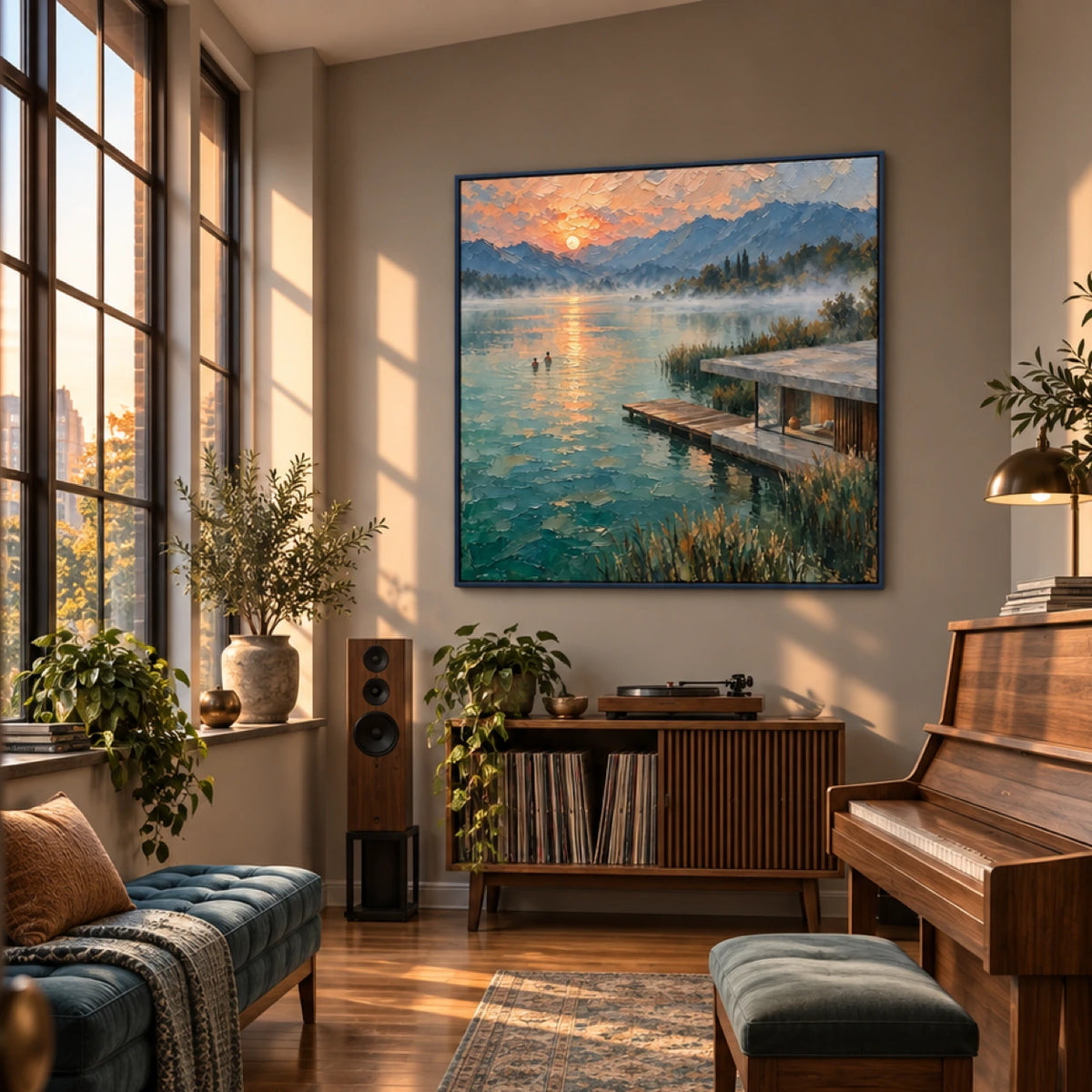 misty mountain lake displayed in a home music room