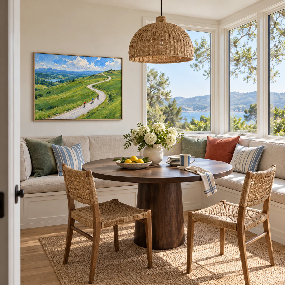 cyclists on the highland road displayed in a sunroom breakfast nook