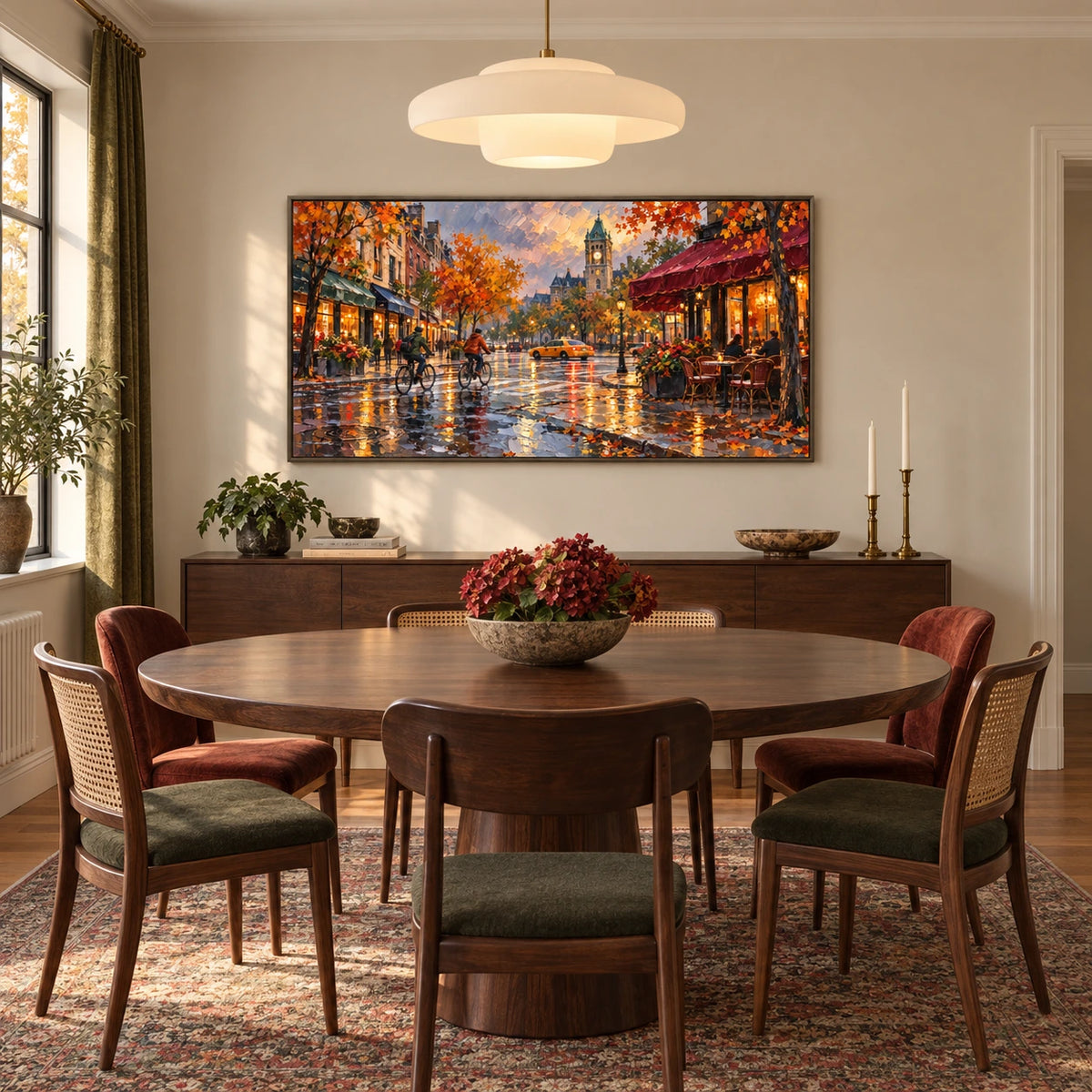 autumn streets after rain displayed in a vintage-contemporary dining space