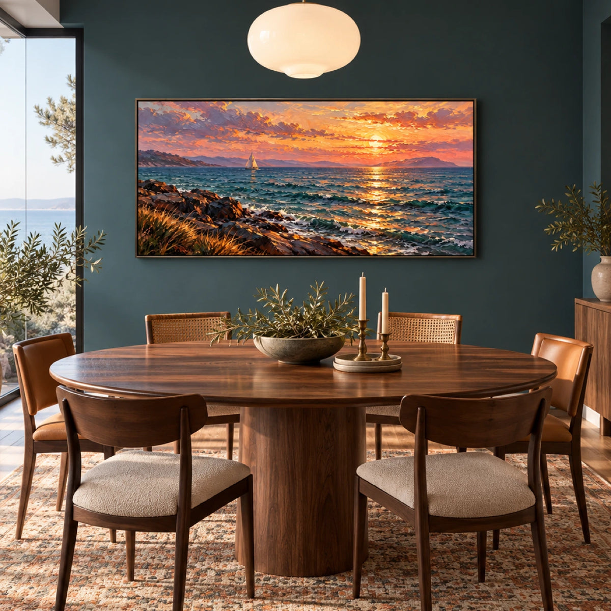sunlit coastal voyage displayed in a dining space