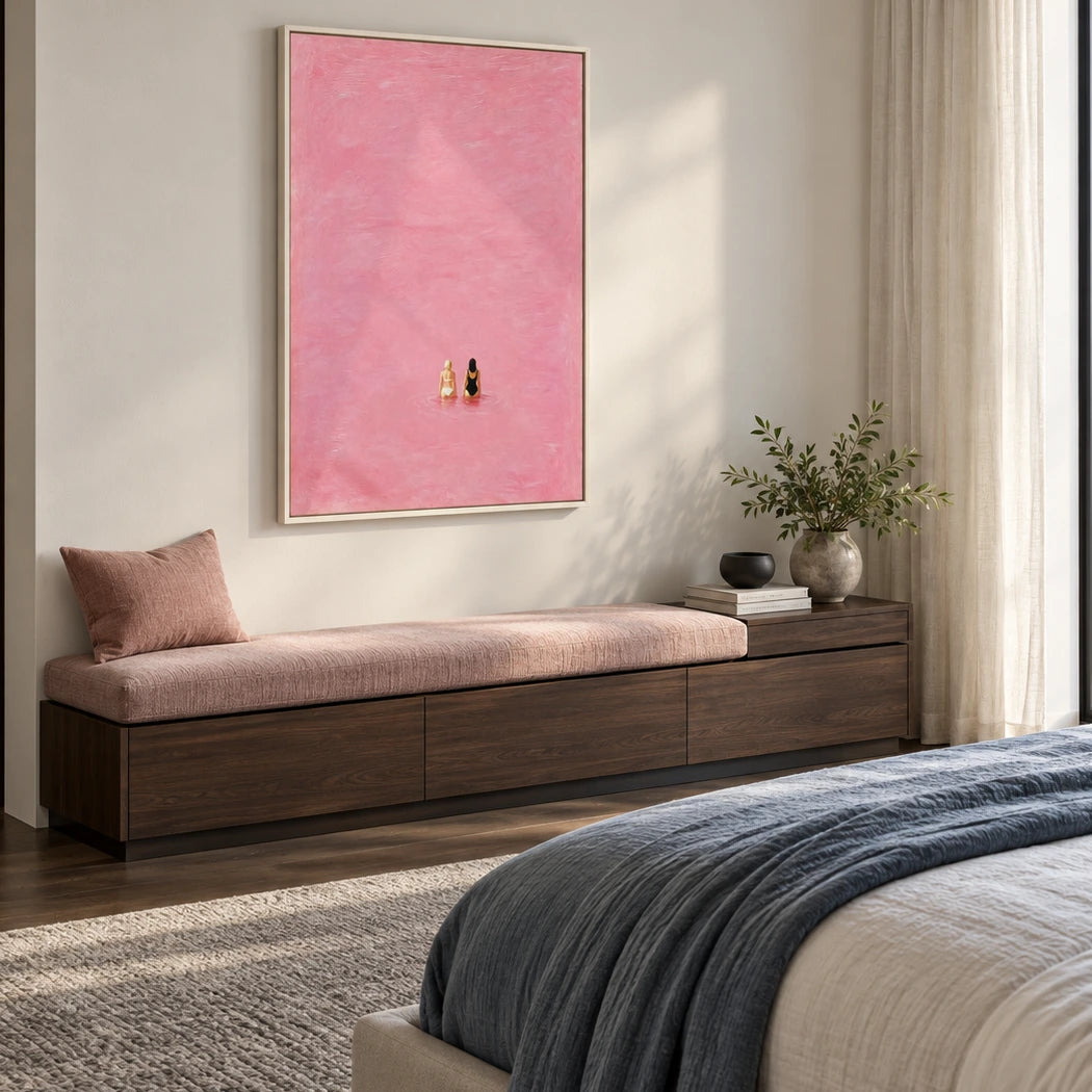 pink water friends displayed in a bedroom sitting area