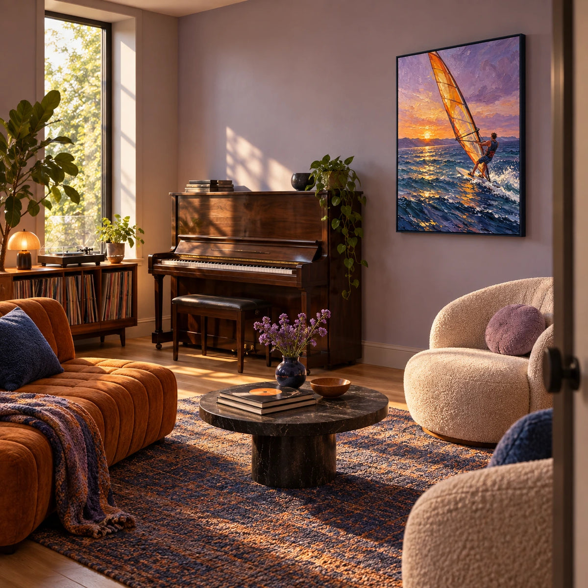 golden wind over the sea displayed in a home music room