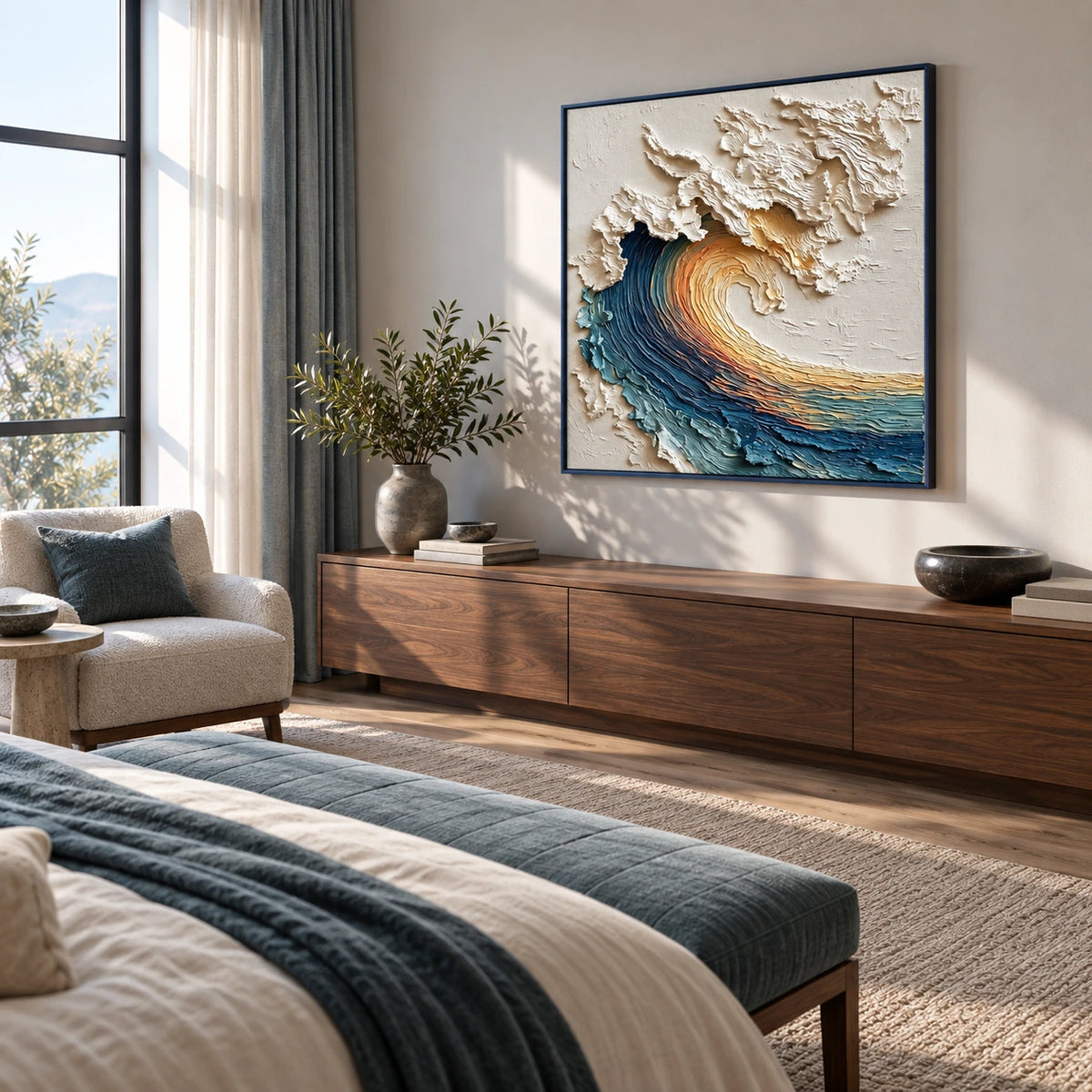 amber tide displayed in a bedroom sitting area