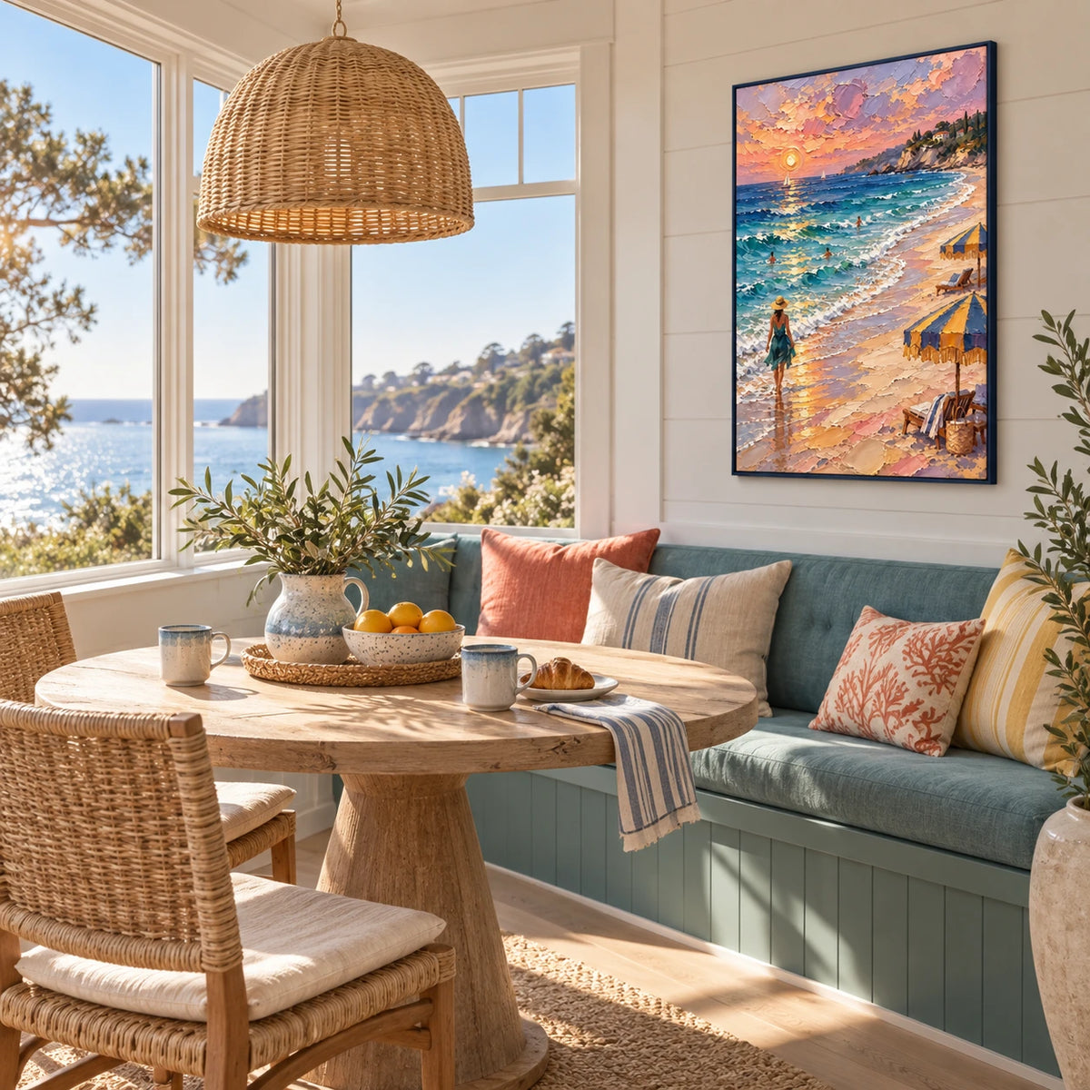 a walk along the sunset shore displayed in a breakfast nook
