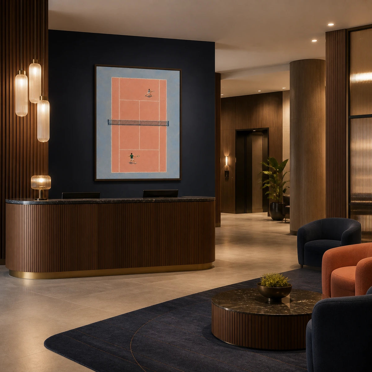 clay court rally displayed in a hotel lobby