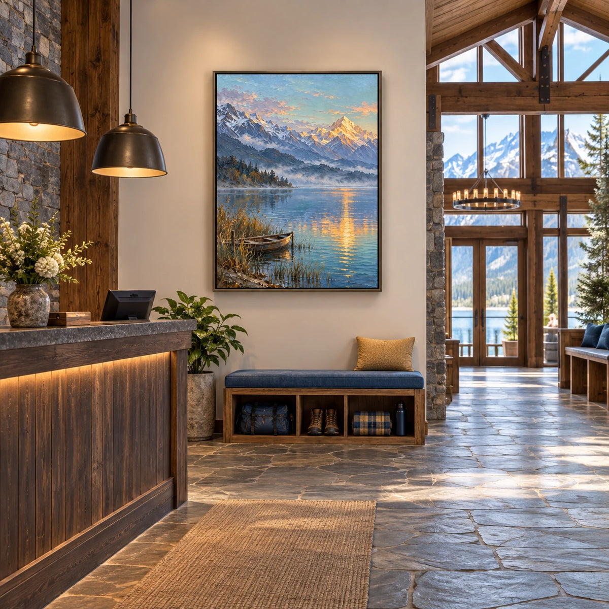 golden hour mountain lake displayed in a alpine lodge reception