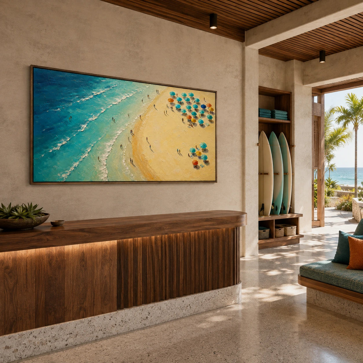 sunlit shoreline displayed in a coastal surf club reception