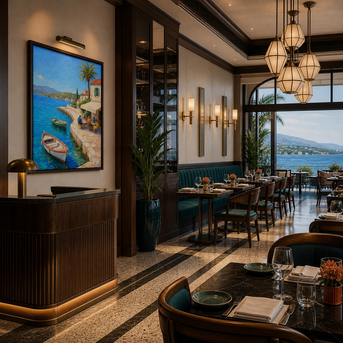 lunch by the blue harbor displayed in a coastal dining