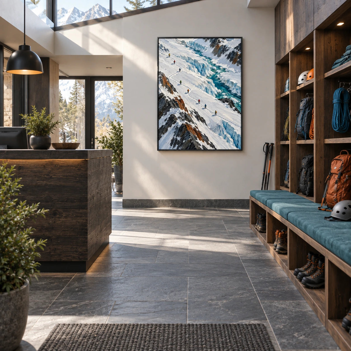 glacier passage displayed in a alpine outfitter reception