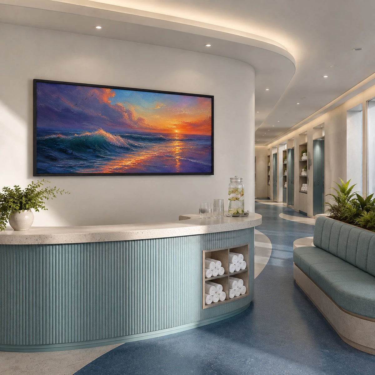open water at sundown displayed in a club lounge