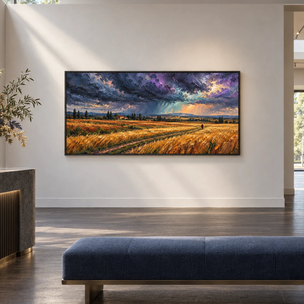 stormlight over the wheat fields displayed in a countryside art center foyer