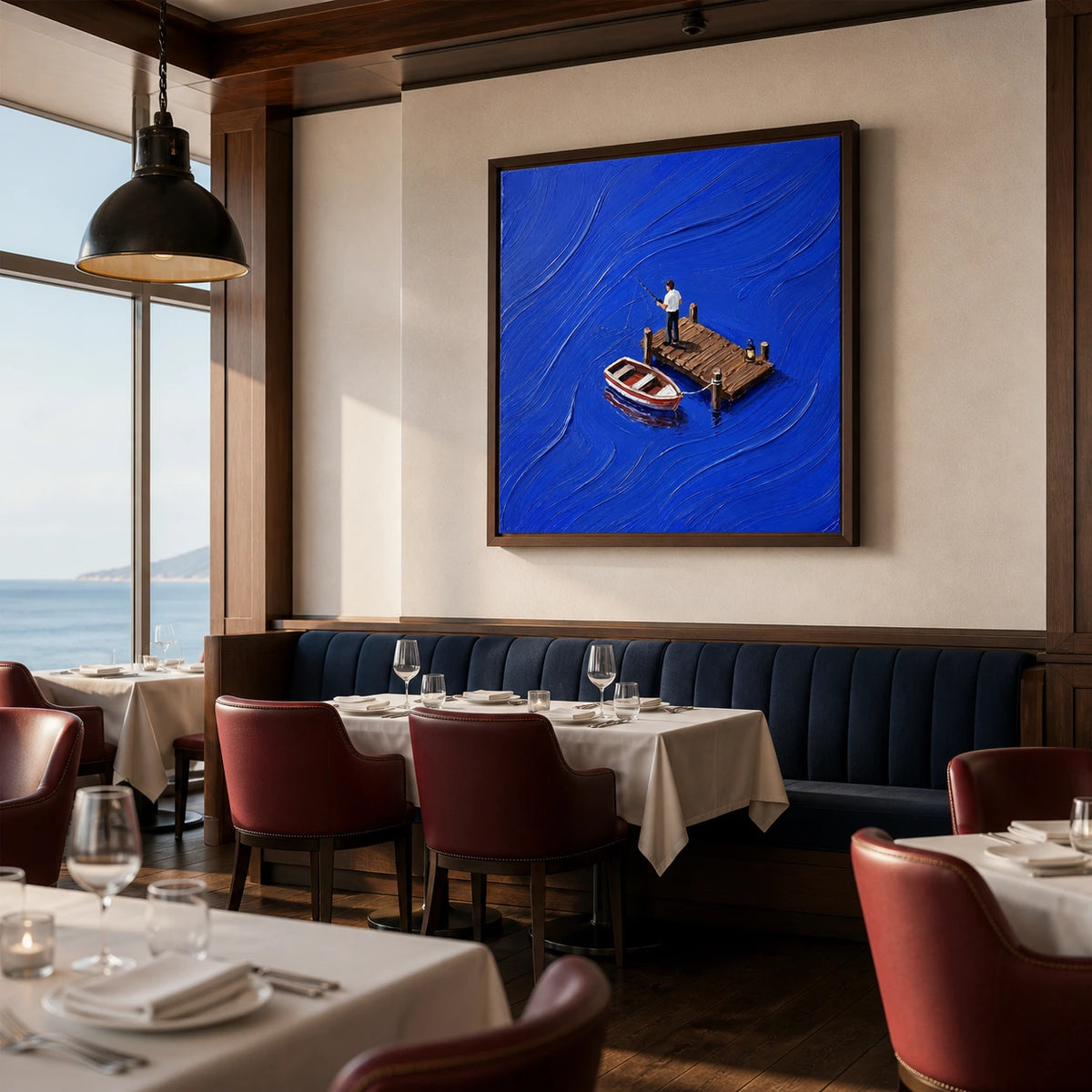 cast into blue displayed in a coastal dining