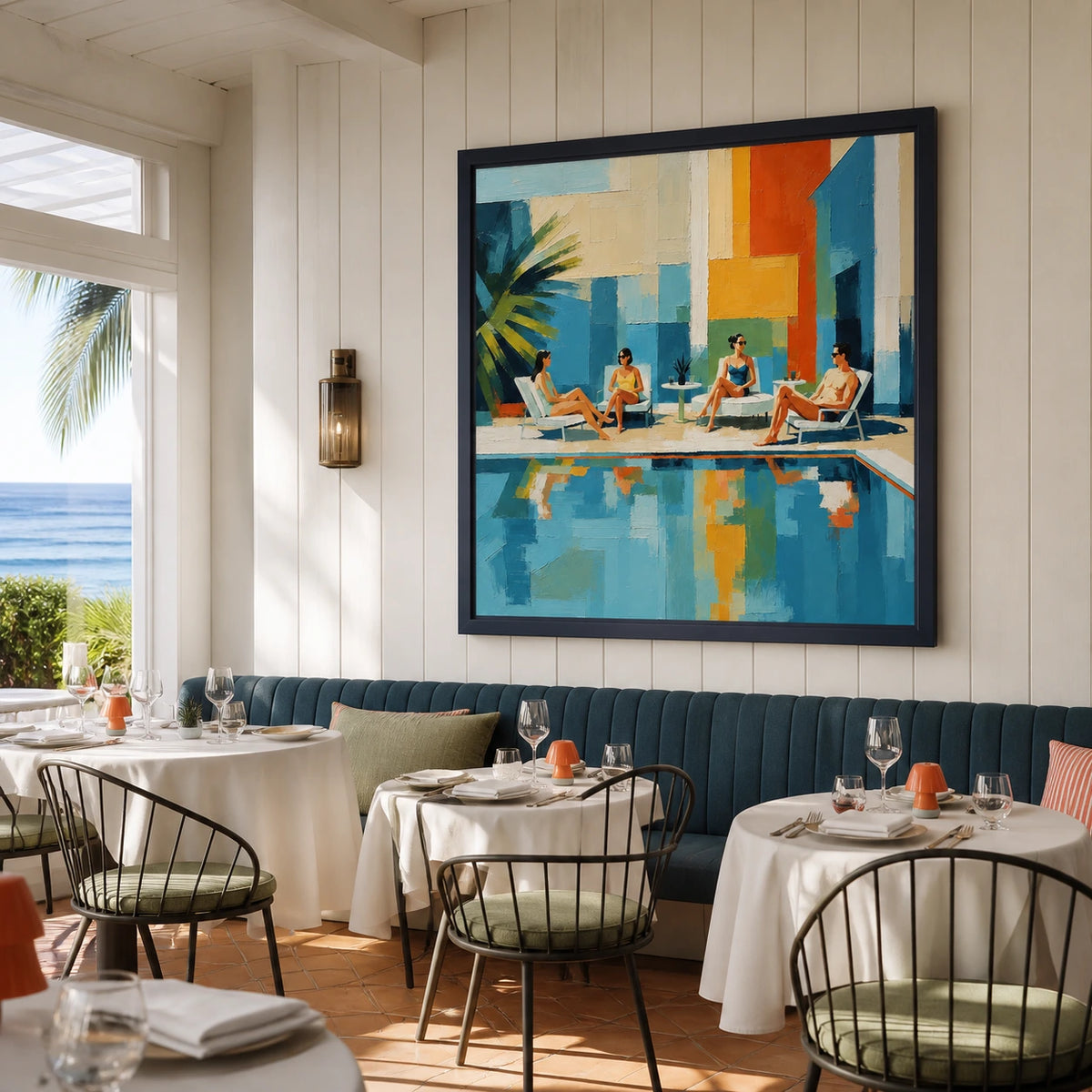 colorblock poolside displayed in a coastal dining
