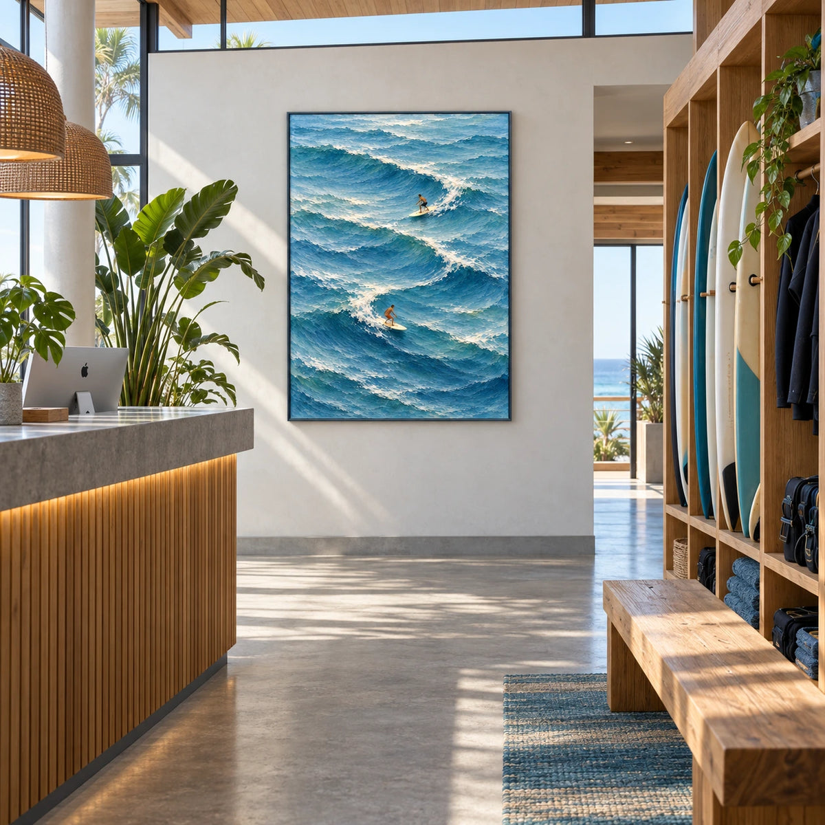 surfing through blue waves displayed in a surf club reception