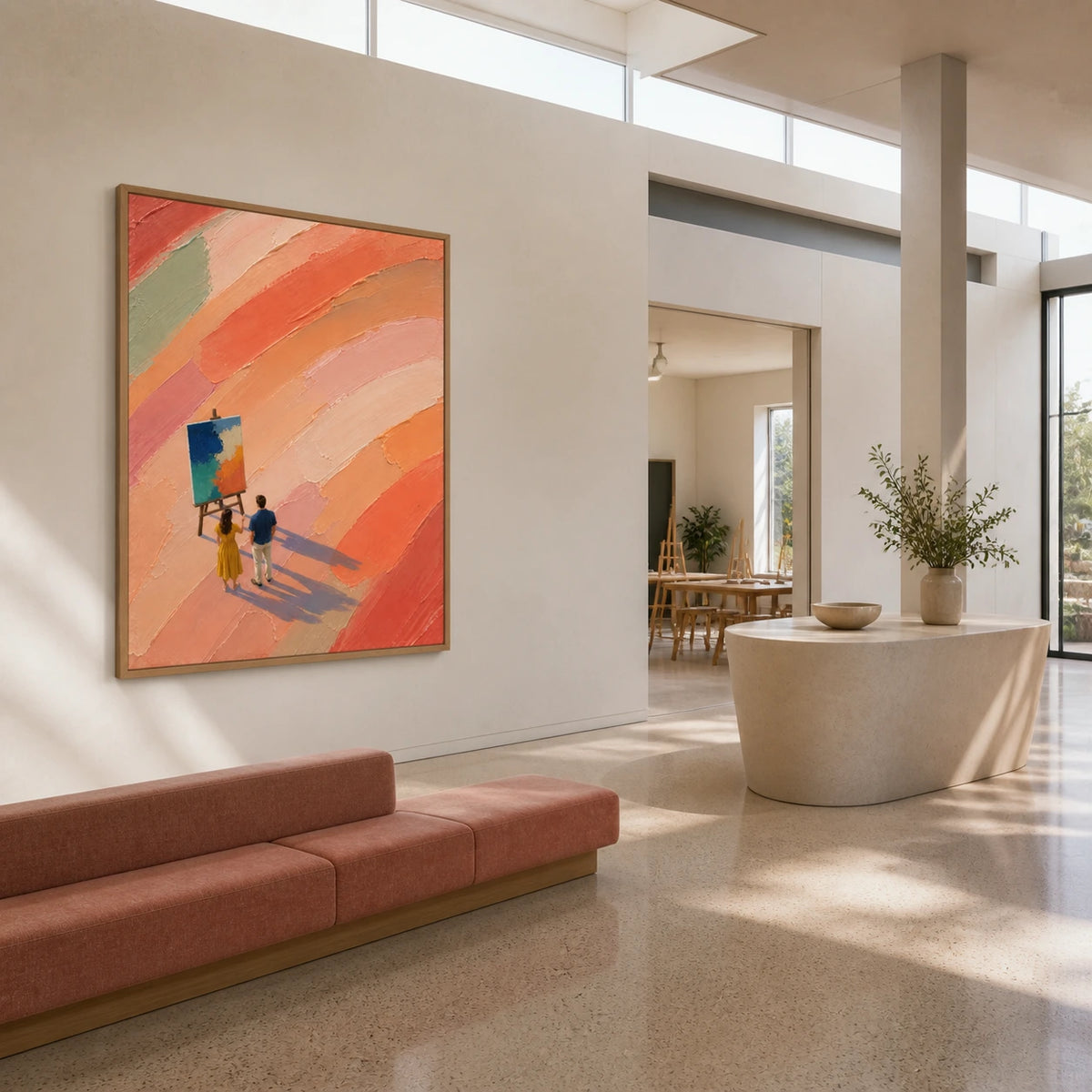 a world in color displayed in a contemporary gallery foyer