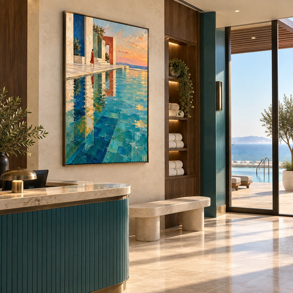 poolside at the open sea displayed in a coastal wellness club reception