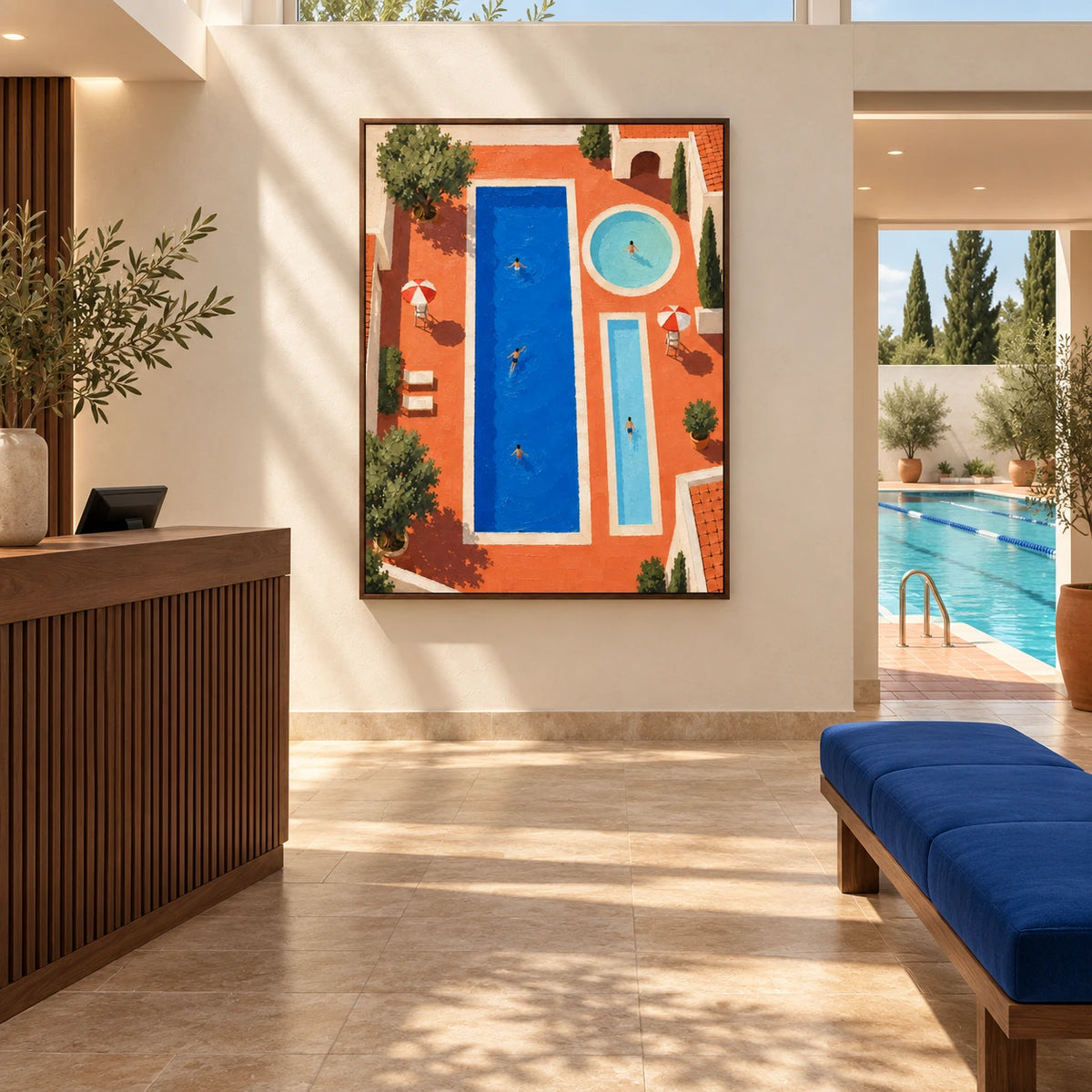 terracotta pool lines displayed in a swimming club reception