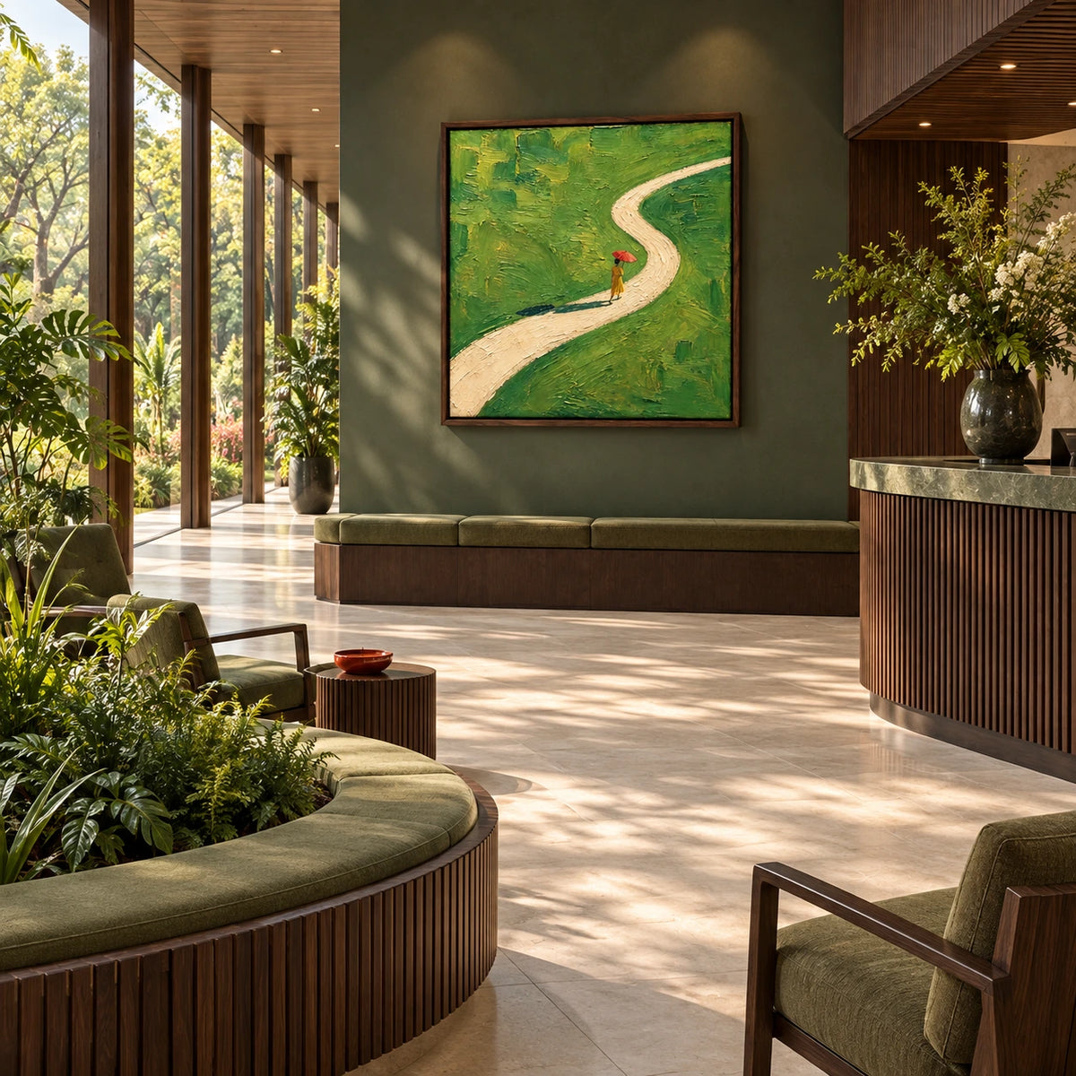 red umbrella walk displayed in a botanical garden visitor lounge