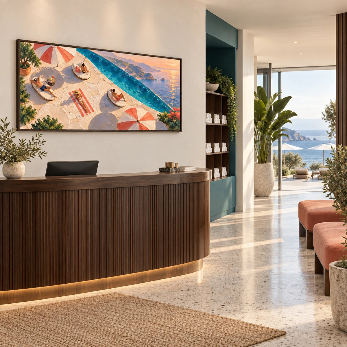 coastal terrace escape displayed in a coastal wellness club reception