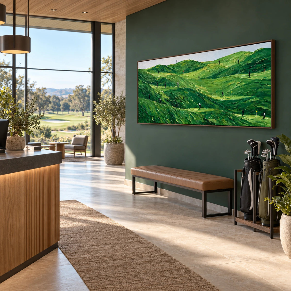 rolling green golf course displayed in a golf clubhouse reception