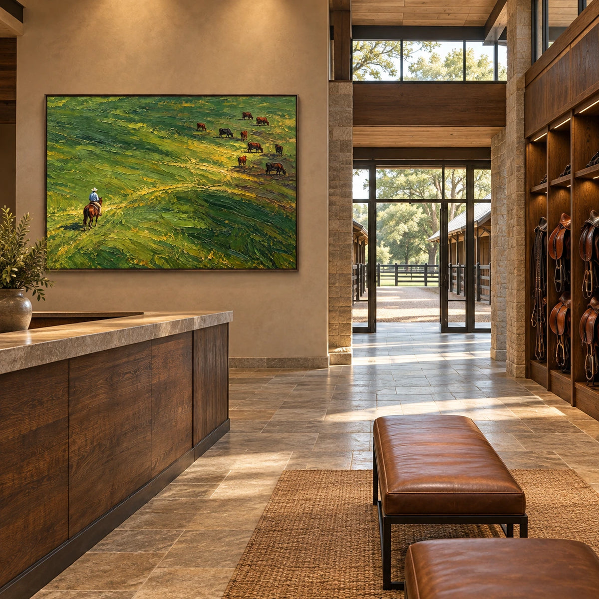 green pasture riders displayed in a equestrian club reception