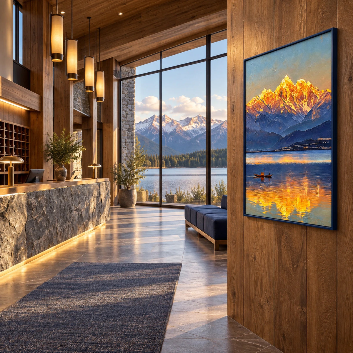 golden mountain reflection displayed in a lakeside mountain lodge reception