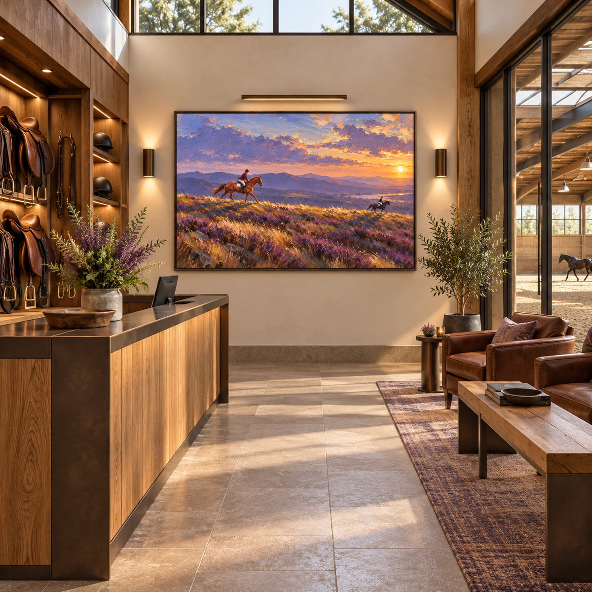 riders beneath a violet sunset displayed in a equestrian club reception