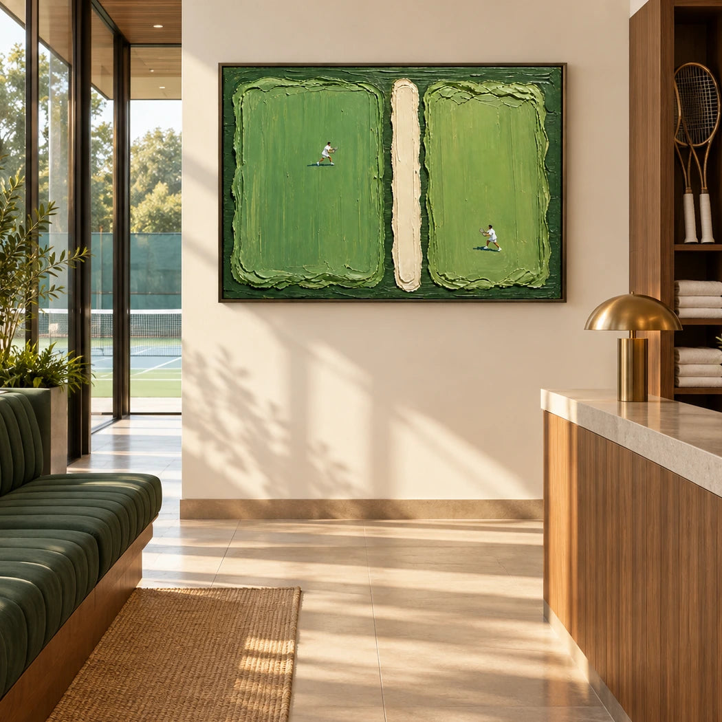 green court rally displayed in a tennis club reception