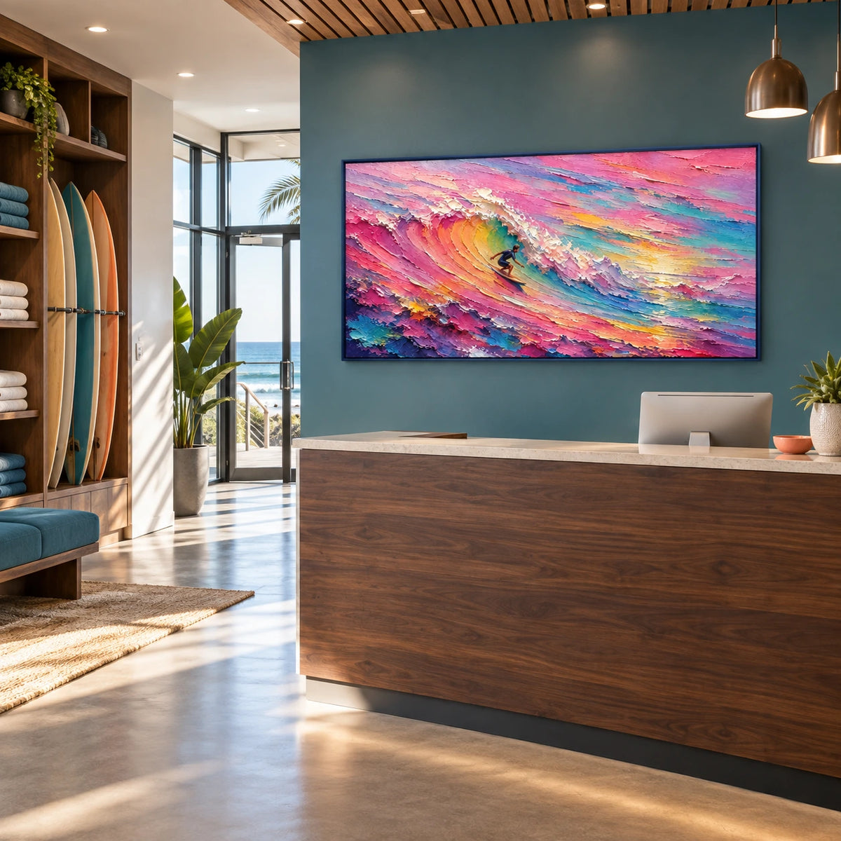 painted tide displayed in a surf club reception