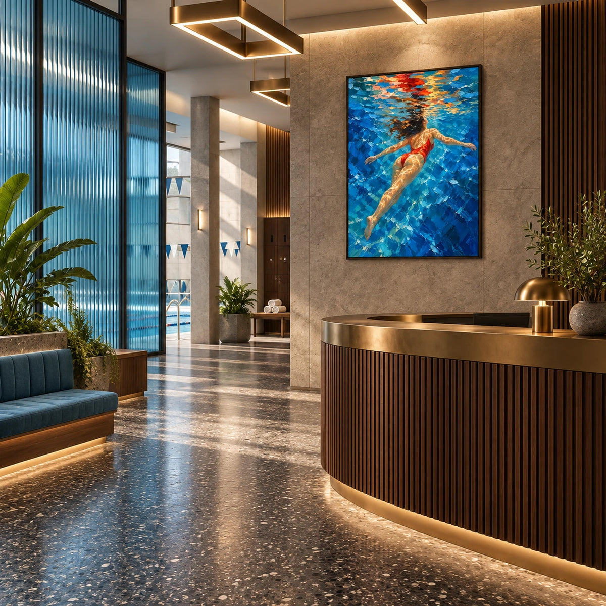 red swimmer in open water displayed in a aquatic club reception