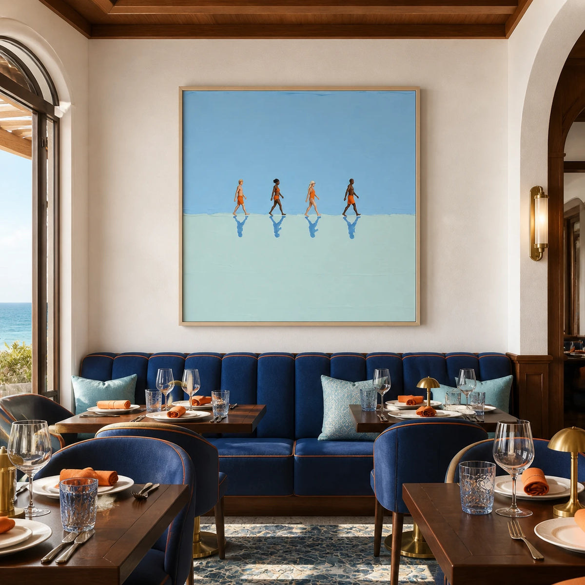 along the blue horizon displayed in a coastal dining