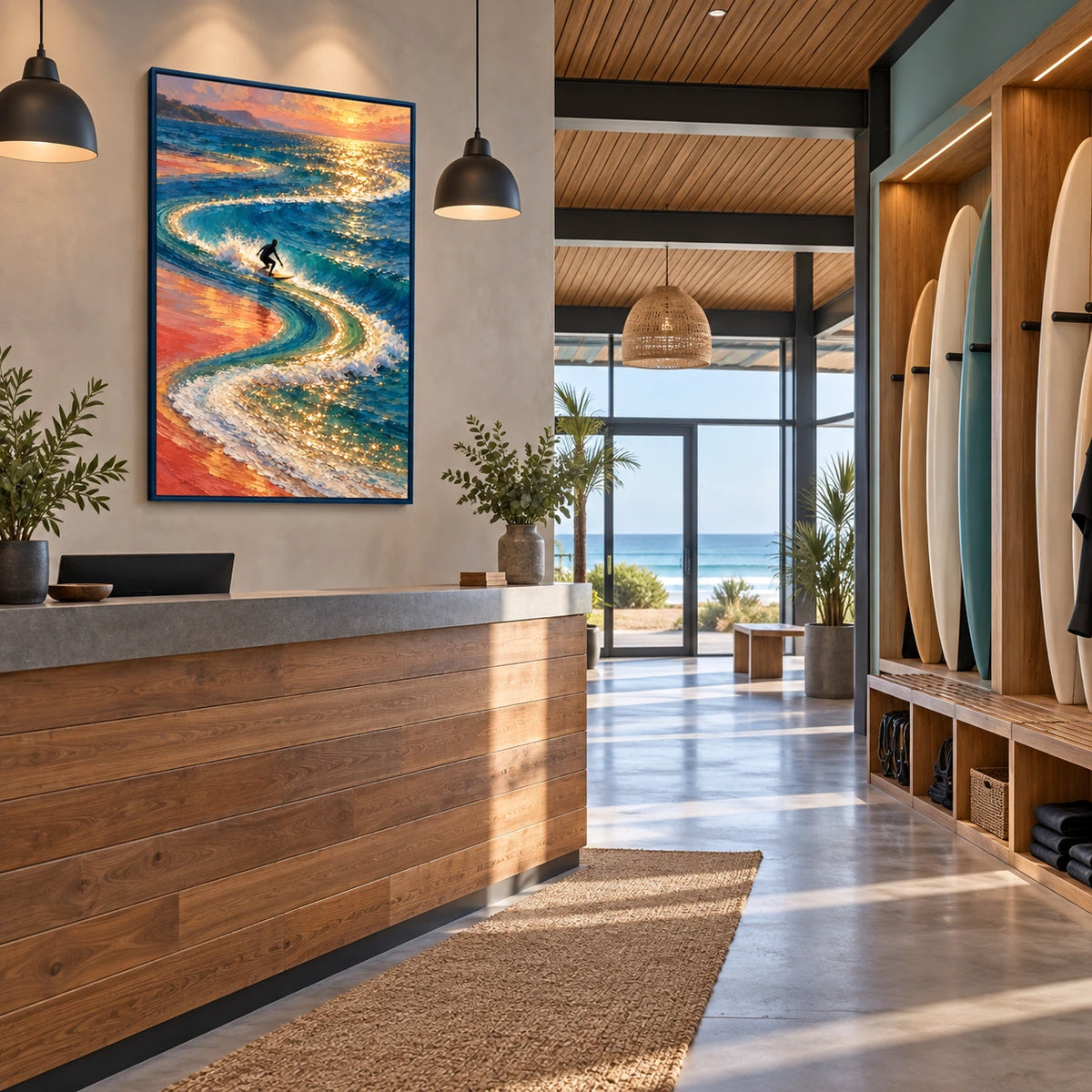 golden break at sunset displayed in a surf club reception